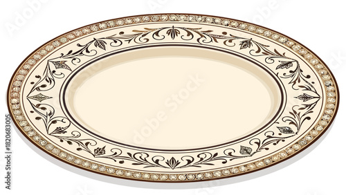 Ornate vintage oval plate with floral accents, perfect for elegant dining presentations, restaurant menus, or sophisticated culinary creations with delicate style