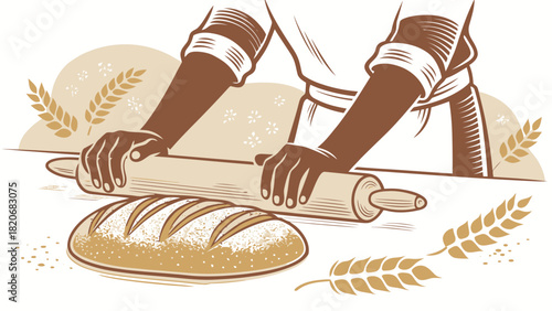 Artisanal bread making illustration, vintage design. Freshly baked loaf, culinary concept, handcrafted wheat, grain food, bakery product for menu designs