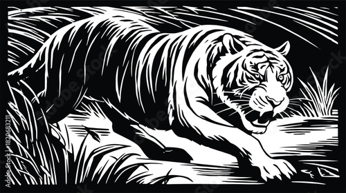 Powerful tiger stalking through dense jungle foliage, depicted in a striking black and white woodcut style illustration, showcasing its predatory nature and wild habitat