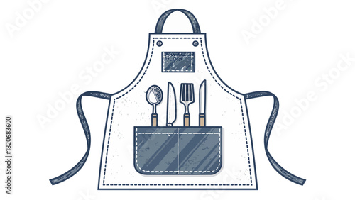 Charming kitchen apron with cooking tools, perfect for culinary arts projects, restaurant designs, and home cooking promotions. A delightful food prep icon!