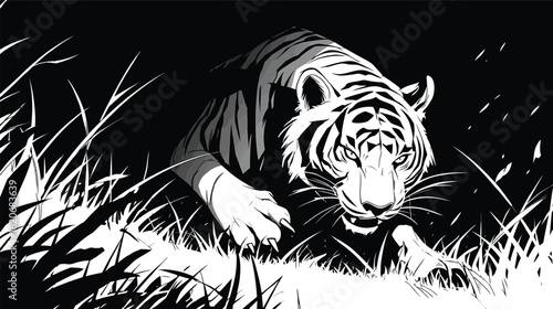 A powerful tiger with distinctive stripes stealthily stalks through dense jungle foliage, its intense gaze fixed forward, embodying the wild spirit and predatory grace