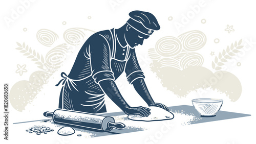 Vintage baker kneading dough ready for baking fresh bread, perfect for artisan bakery ads or promoting homemade goods with a classic touch and culinary appeal