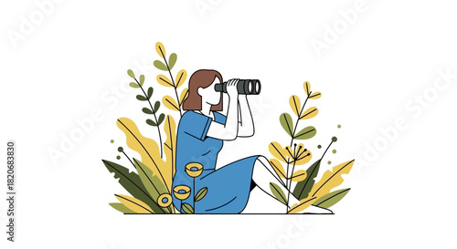 Illustration of a Woman Observing Nature with Binoculars Among Foliage