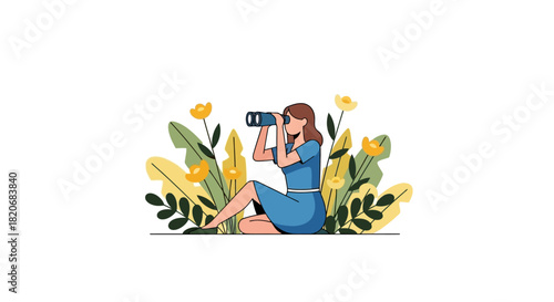 Woman Looking Through Binoculars Amidst Foliage, Exploring Nature's Wonders