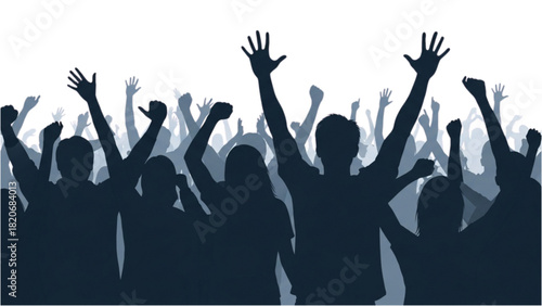 Crowd cheering with hands raised in excitement and celebration