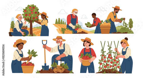 Diverse Farmers Harvesting Crops in a Rural Landscape