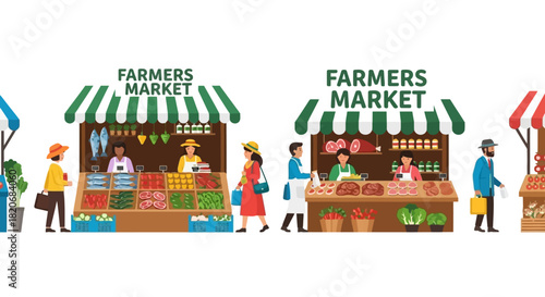 Lively Farmers Market Scene with Vendors and Shoppers Illustration