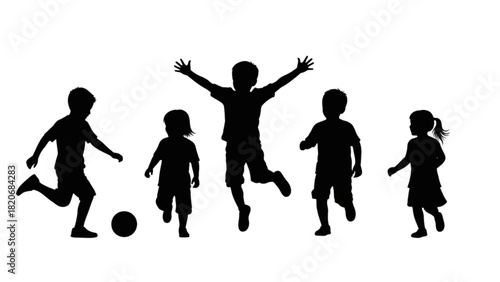 Dynamic silhouettes of diverse children joyfully playing, running, and jumping, embodying active and happy childhood fun