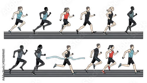 Diverse group of athletes competing in a running race on a track