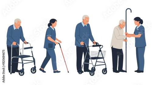 Elderly people with walkers and canes receiving assistance from caregivers for mobility and support
