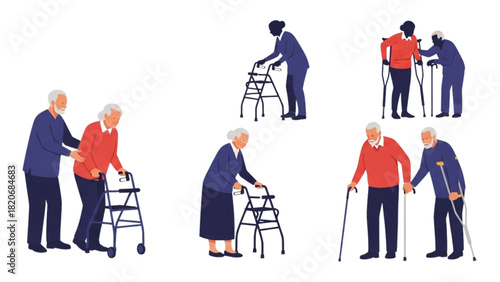 Elderly Assistance Helping Seniors with Walking Aids and Supportive Guidance