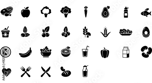 Comprehensive collection of healthy food and diet flat black icons, illustrating wellness and healthy eating. Vector