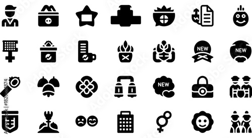 Diverse glyph icon set showcasing people, objects, symbols, and status indicators in a clean, modern, minimal style. Vector