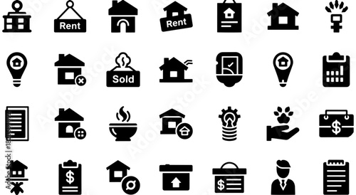 Real estate and housing vector glyph icons collection for property management, sales, and rentals applications. Vector