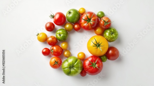 Photorealistic circle of premium tomatoes in red, yellow, green, and orange hues, displayed on a clean white background with soft shadows and space for branding.
