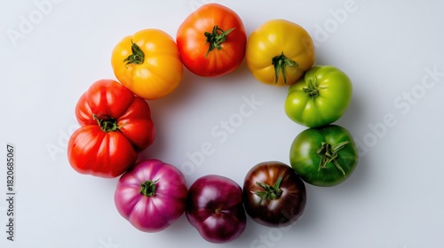 Photorealistic circular arrangement of tomatoes in red, yellow, orange, pink, purple-black, and green hues, with sharp texture detail on clean white backdrop.
