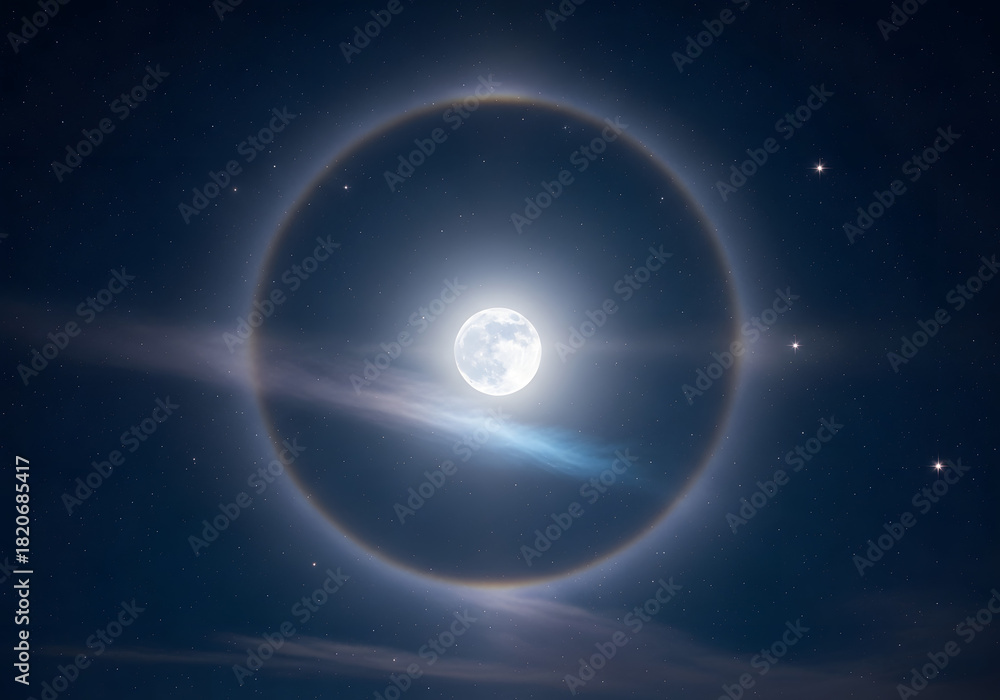 Obraz premium Full moon with halo and stars in dark night sky conceptual celestial image