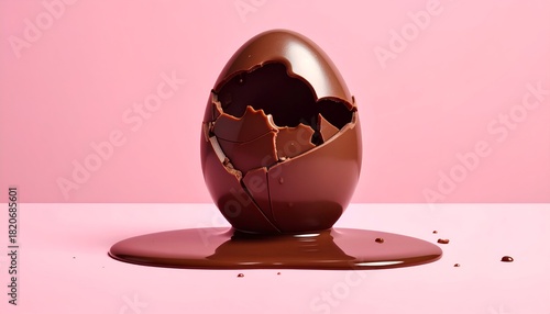 Cracked Chocolate Easter Egg with Melted Chocolate on Pink Surface.