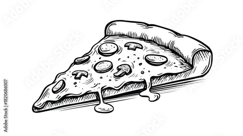 Handdrawn sketch of a delicious slice of pizza with melting cheese and various toppings, ideal for food illustrations and restaurant branding