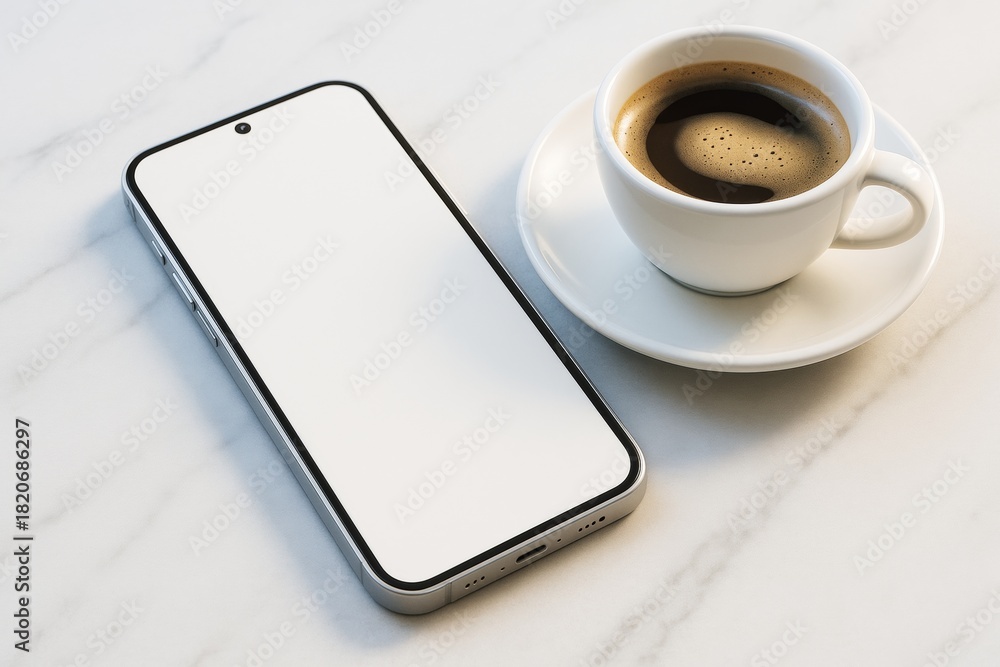 Naklejka premium Smartphone with blank screen next to cup of coffee on marble table in bright setting, ideal for mockup, branding or design presentation concept. Ai generative