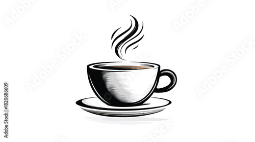 Black and white illustration of a steaming cup of hot coffee, served in a mug on a saucer, ideal for cafe, menu, or morning theme