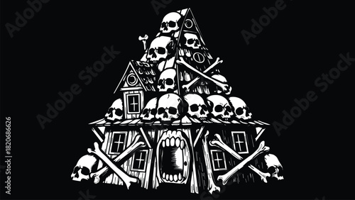 Black and white illustration of a spooky house made of skulls and bones.