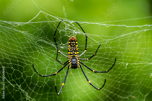 Golden Orb-weaver Spider The head and chest are dark grey-brown with white fur. The belly is long and cylindrical, black with two large yellow stripes running parallel to the center of the belly.