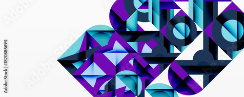 Abstract geometric composition. Shapes overlap, creating dynamic visual texture. Blue, purple hues dominate design. Modern aesthetic.