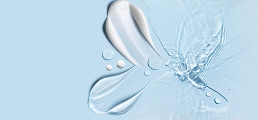 cosmetic cream smears, smooth and shiny texture, water texture ripple wave clean transparent water drops abstract blue background