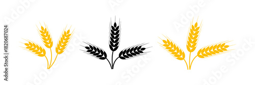 Stylized wheat ears vector icons set representing agriculture, grain, harvest, food production, natural ingredients, bakery, and farm, flat