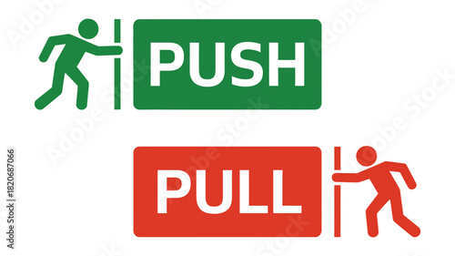 Green push and red pull signs for door operation guidance, featuring clear graphic icons and directional text for safety and accessibility