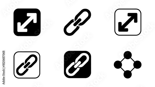 Collection of black and white vector icons representing digital concepts such as external link, maximize screen, chain, and network connection, ideal for web and app design interface.