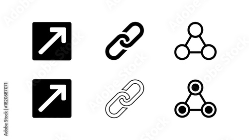 Set of vector icons for user interface design: external link, chain link, and share network symbols, presented in both filled and outlined styles