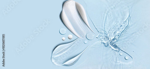 cosmetic cream smears, smooth and shiny texture, water texture ripple wave clean transparent water drops abstract blue background