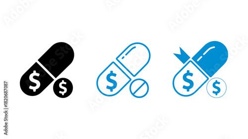 Medicine cost, pharmaceutical expense, drug price, healthcare spending, and treatment affordability symbol set, vector graphic display