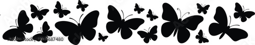 Butterfly silhouettes collection, black insect icons, flying shapes, winged creatures, decorative pattern, nature design, vector art, elegant, minimal, stylish