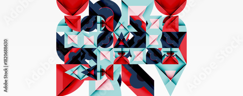 Abstract geometric composition. Red, blue, light blue shapes intersect, creating complex visual texture. Minimalist style, clean lines, modern design.