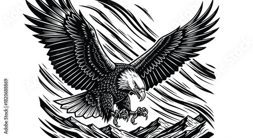 Majestic bald eagle with powerful wings spread wide, descending onto a rugged mountain peak, showcasing strength and freedom