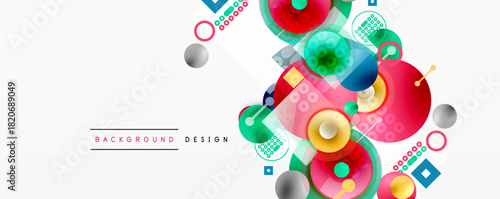 Abstract colorful design features overlapping circles, squares, dots. Modern geometric shapes create dynamic visual texture.