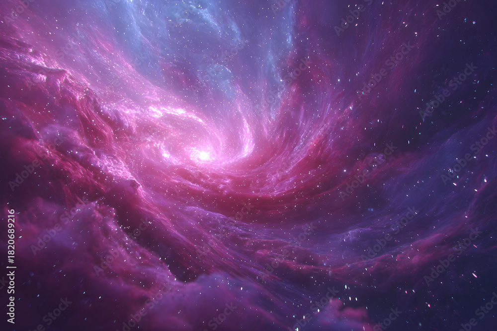 Fototapeta premium cosmic energy storm in hot pink and deep blue with swirling galactic particles creating intense celestial motion
