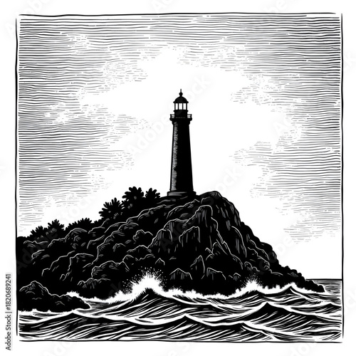 Coastal Sentinel: A stoic lighthouse stands firm on a rocky islet, its beacon casting a guiding light amidst the turbulent sea, a timeless emblem of guidance and resilience.