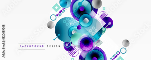 Abstract design features circles, squares, dots. Vibrant teal, purple hues create modern visual texture. Minimalist composition.