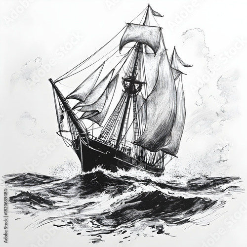Sailing through Stormy Seas: A majestic sailboat navigates the turbulent waves, its sails billowing powerfully as it battles the storm. A testament to courage and resilience.