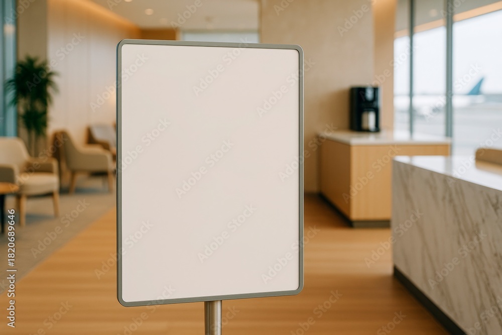Fototapeta premium Blank vertical sign mockup in modern lounge interior with wooden floor, coffee machine and soft seating in background for branding display.
