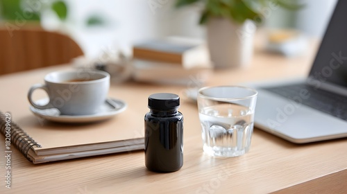 Morning work setup with vitamin bottle and coffee