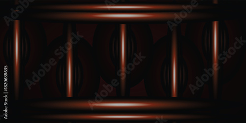 Abstract Dark Red Cylindrical Structures with Vertical Light Beams.
