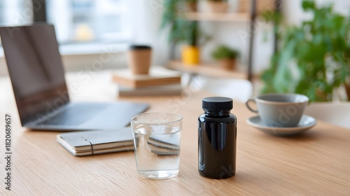 A workspace with a laptop water and supplement bottle