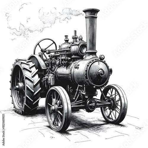 Vintage Steam Tractor: A detailed illustration of a vintage steam tractor, showcasing the intricate mechanics and robust design of agricultural machinery from a bygone era. 