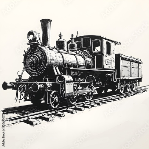Vintage Train on Tracks: A classic black and white illustration of a vintage steam train locomotive speeding along railway tracks, evoking the golden age of transport.