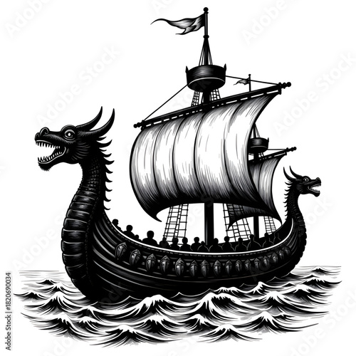 Voyage of the Dragon Ship: A majestic dragon ship sails the open sea, its carved dragon head and intricate sails cutting through the waves. The vessel symbolizes exploration, strength.